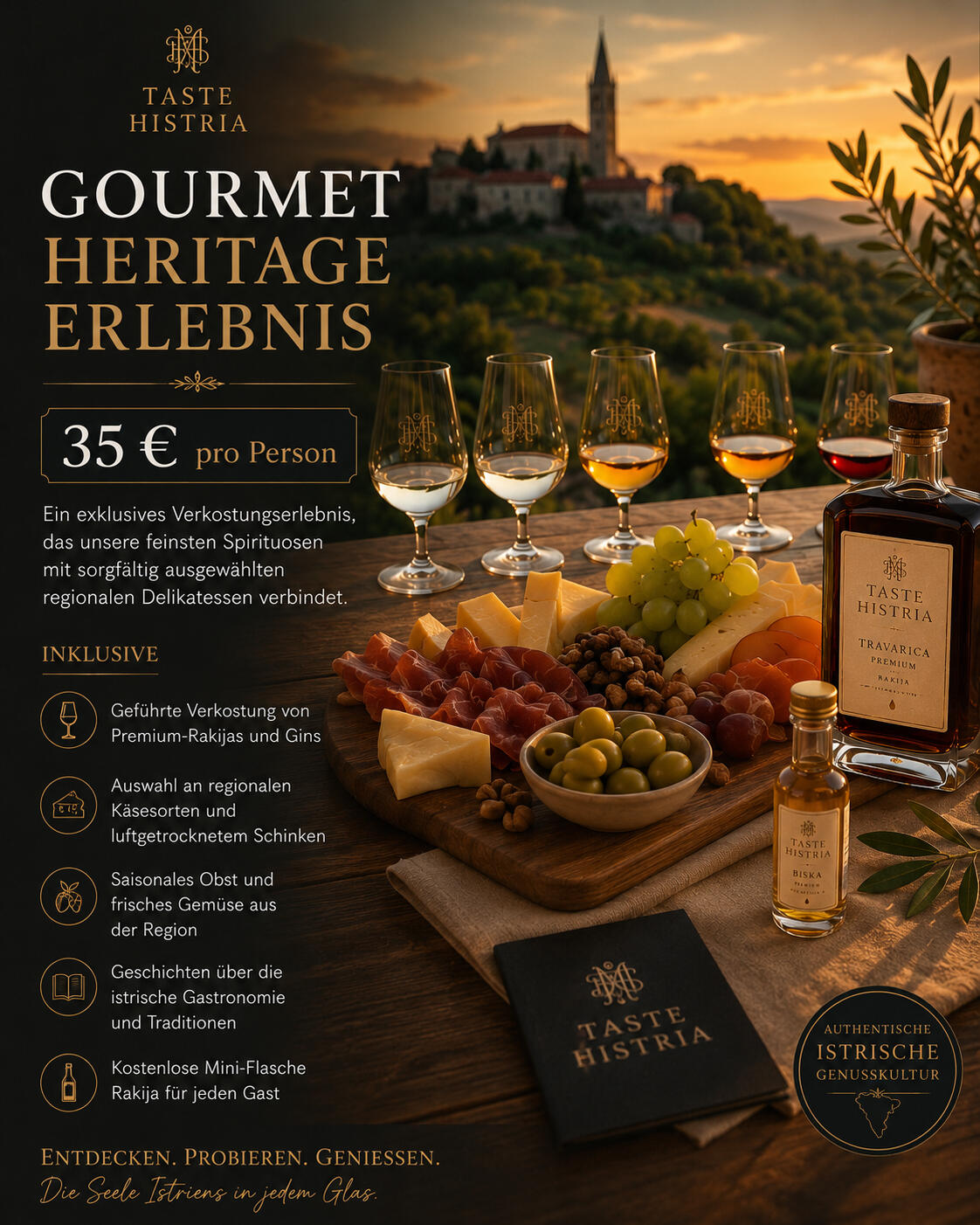 Gourmet Heritage Erlebnis Sind Sie bereit, die authentischen Aromen Istriens zu entdecken? Ob Sie sich für eine geführte Verkostung, ein Gourmet-Erlebnis mit regionalen Delikatessen oder eine maßgeschneiderte private Veranstaltung entscheiden – jede Taste Histria Erfahrung verbind