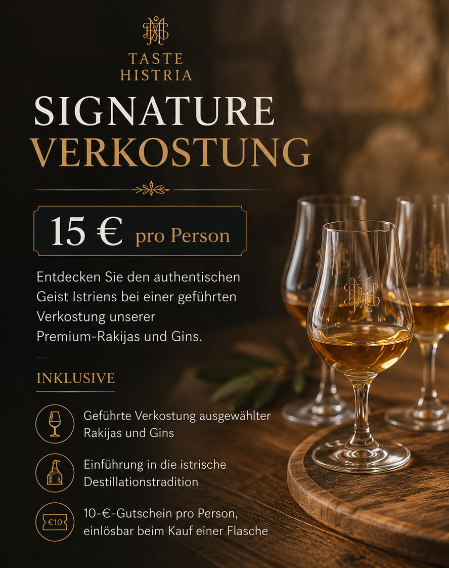 Signature Tasting Entdecken Sie den authentischen Geschmack Istriens bei unserer Signature Verkostung. Genießen Sie eine geführte Verkostung ausgewählter Premium-Rakijas und Gins von Istarska Kapljica und erfahren Sie mehr über die traditionsreiche Kunst der istrischen Dest