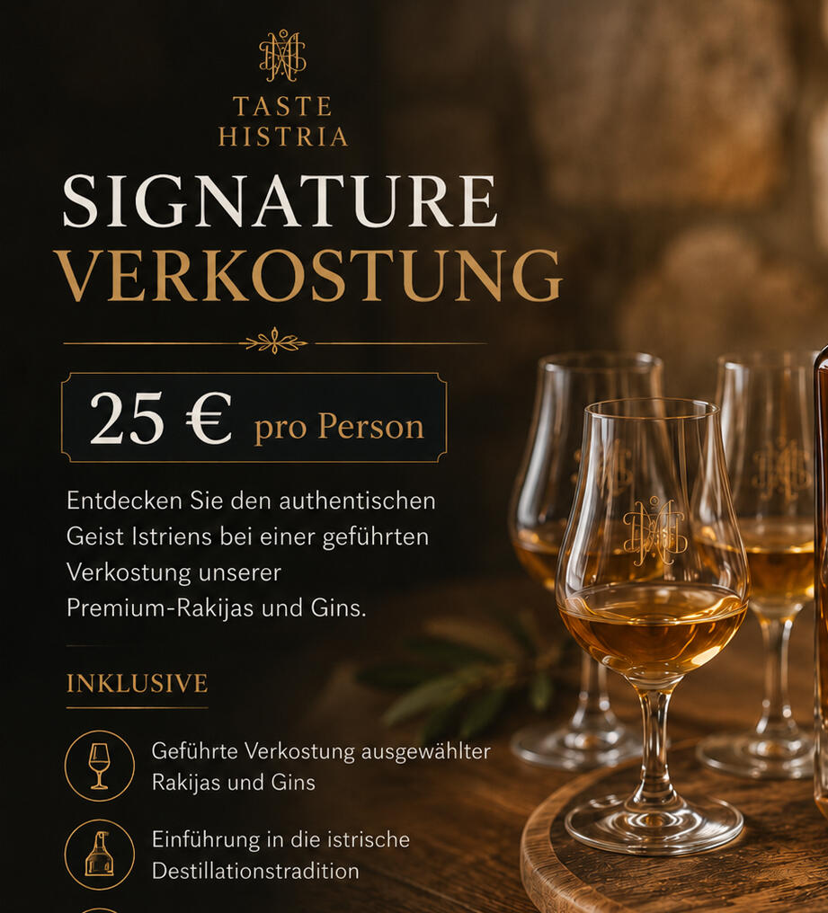 Signature Tasting Entdecken Sie den authentischen Geschmack Istriens bei unserer Signature Verkostung. Genießen Sie eine geführte Verkostung ausgewählter Premium-Rakijas und Gins von Istarska Kapljica und erfahren Sie mehr über die traditionsreiche Kunst der istrischen Dest